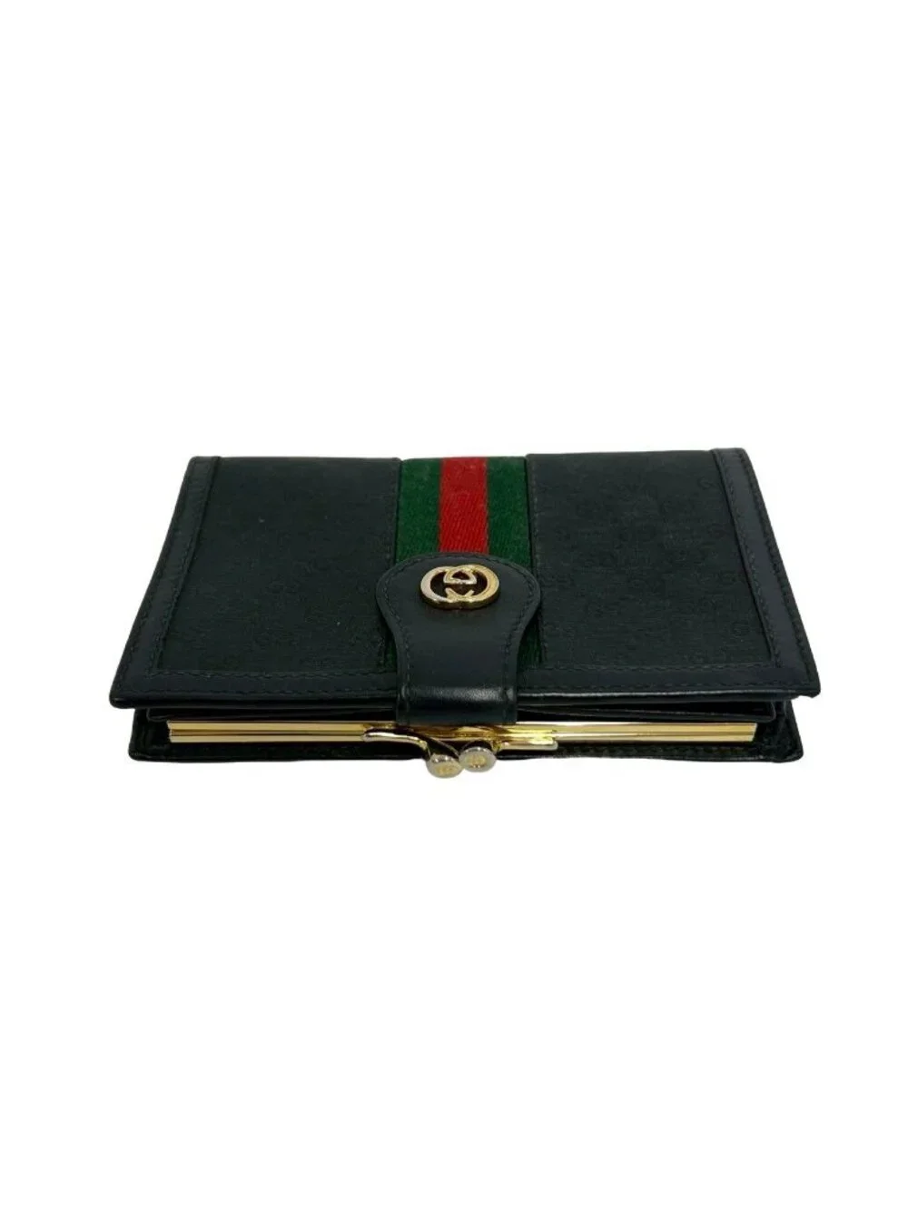 Gucci Vintage Sherry Line Micro GG Logo Leather Clasp Bifold Wallet Black - Picture 3 of 10